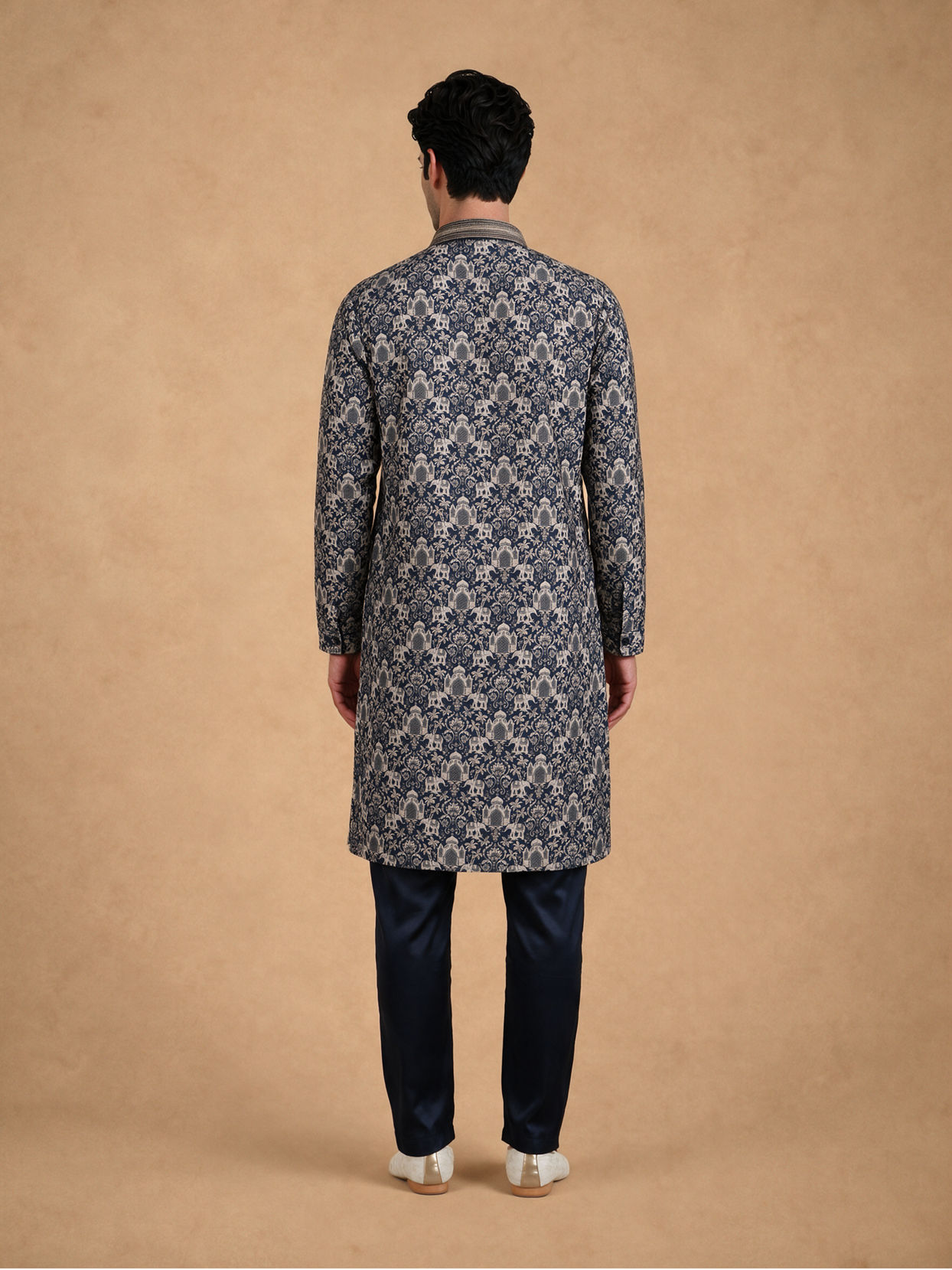 Manyavar Men Dark Blue Silk Kurta Pajama with Print