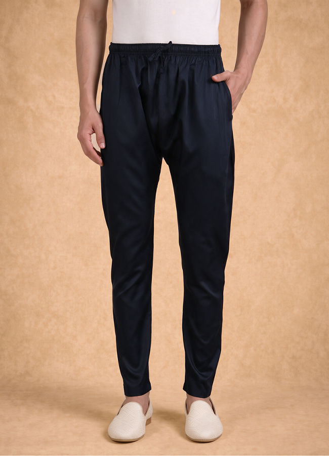 Manyavar Men Dark Blue Silk Kurta Pajama with Print