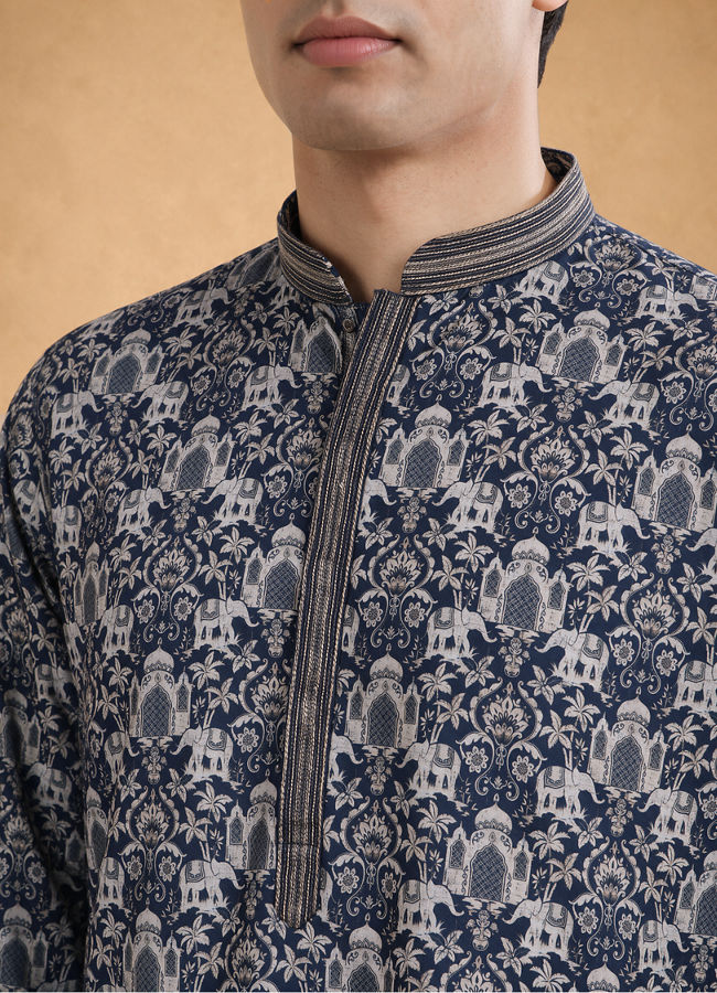 Manyavar Men Dark Blue Silk Kurta Pajama with Print