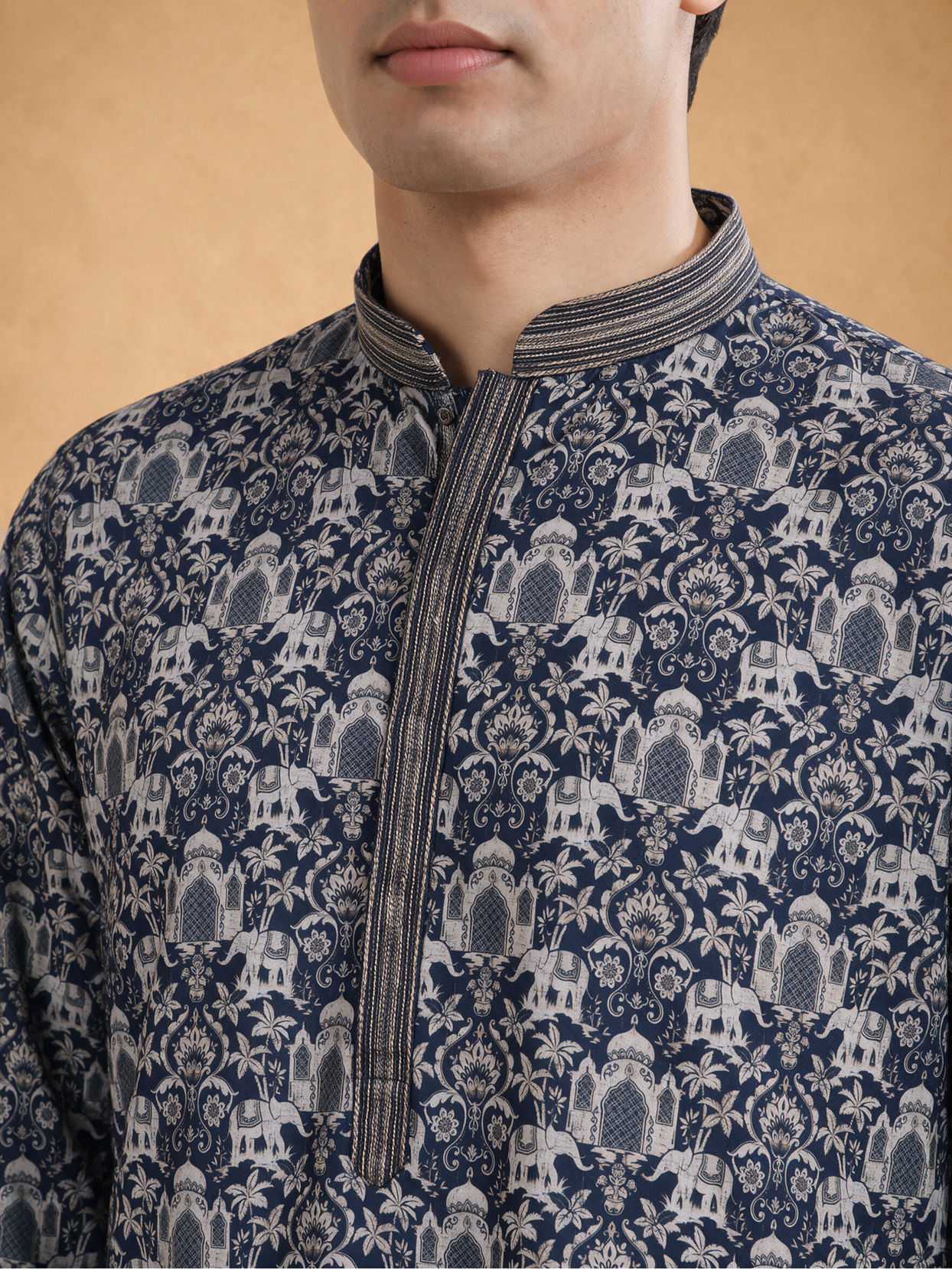 Manyavar Men Dark Blue Silk Kurta Pajama with Print