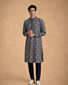 Manyavar Men Dark Blue Silk Kurta Pajama with Print