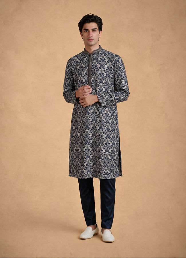 Manyavar Men Dark Blue Silk Kurta Pajama with Print