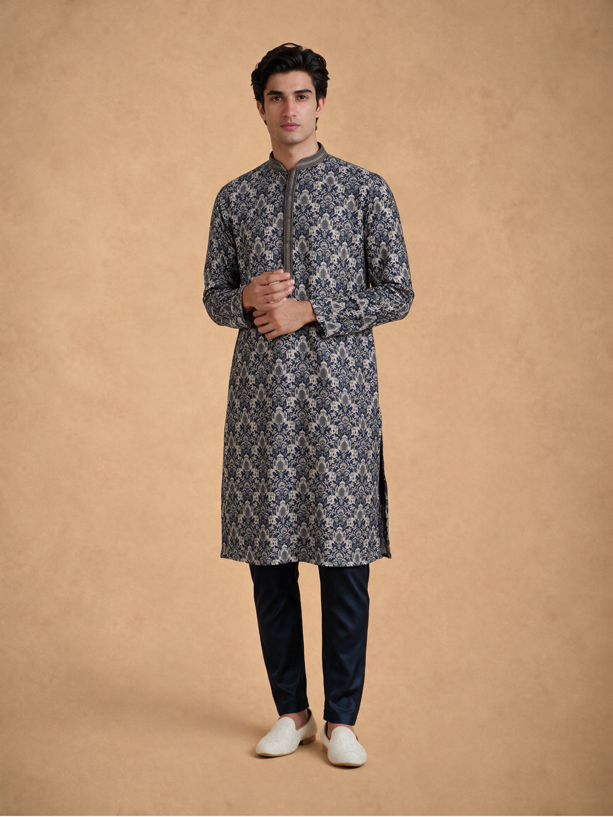 Manyavar Men Dark Blue Silk Kurta Pajama with Print