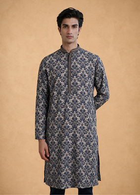 Manyavar Men Dark Blue Silk Kurta Pajama with Print