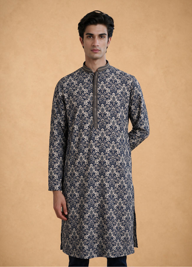 Manyavar Men Dark Blue Silk Kurta Pajama with Print