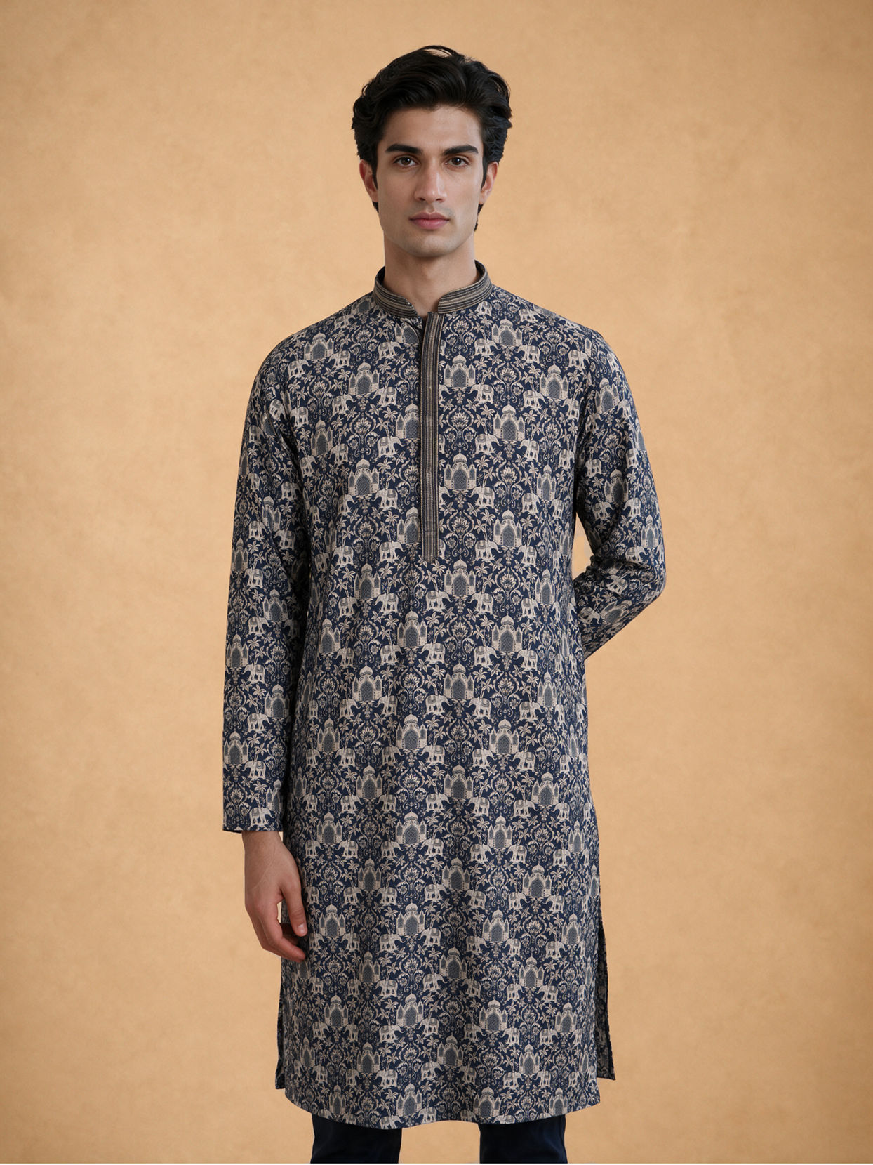 Manyavar Men Dark Blue Silk Kurta Pajama with Print