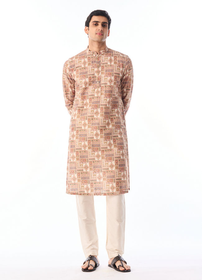 Manyavar Men Fawn Patchwork Printed Kurta Pajama Set