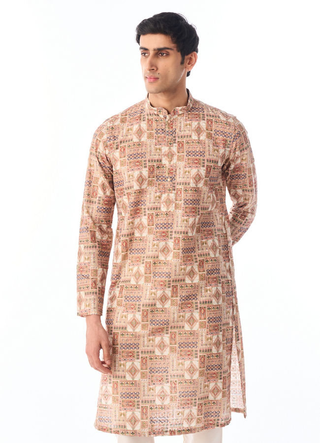 Manyavar Men Fawn Patchwork Printed Kurta Pajama Set