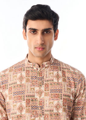 Manyavar Men Fawn Patchwork Printed Kurta Pajama Set