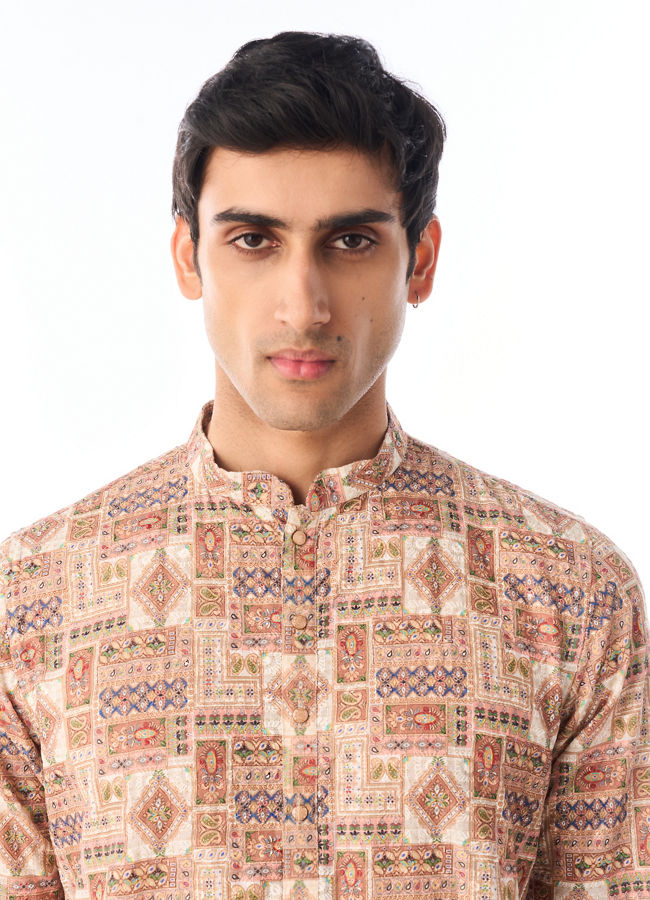 Manyavar Men Fawn Patchwork Printed Kurta Pajama Set