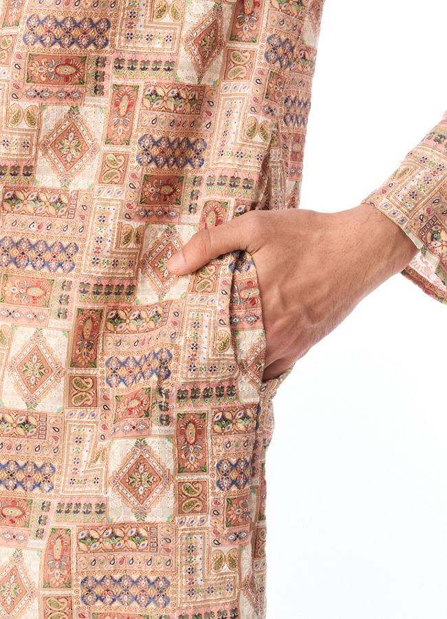 Manyavar Men Fawn Patchwork Printed Kurta Pajama Set