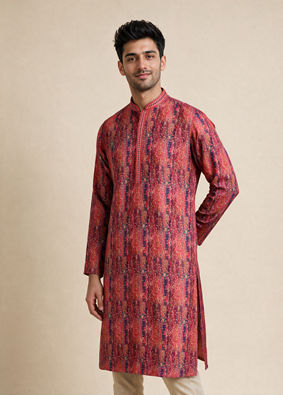 Manyavar Men Orange Art Silk Kurta Pajama with Print