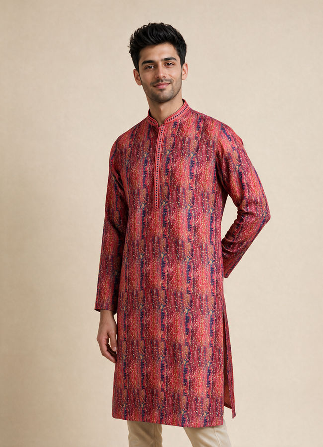Manyavar Men Orange Art Silk Kurta Pajama with Print