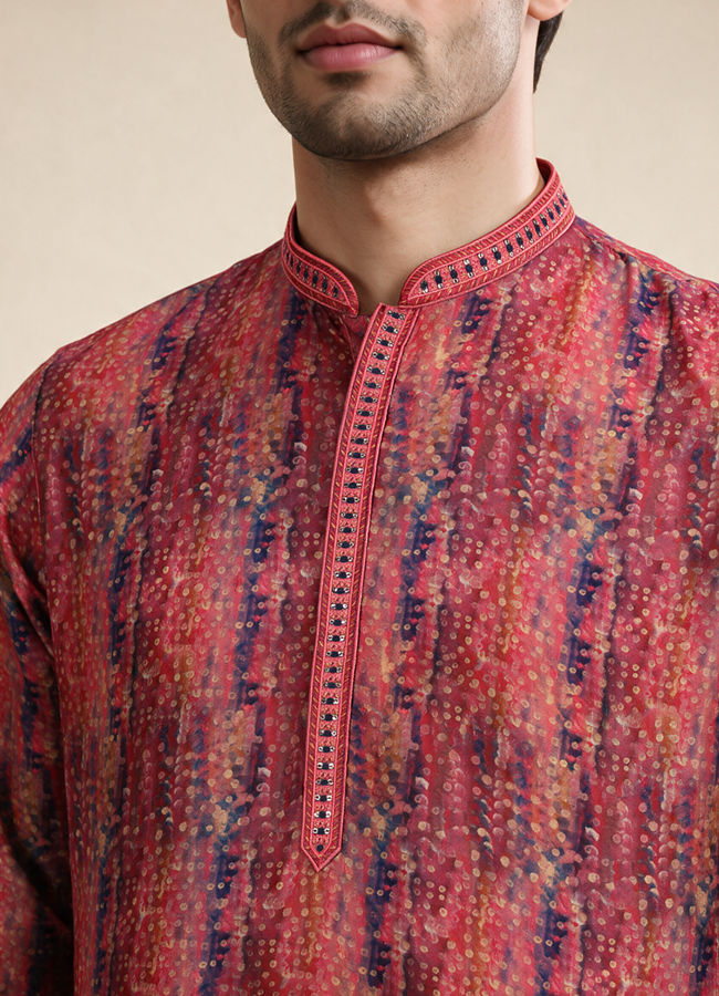 Manyavar Men Orange Art Silk Kurta Pajama with Print