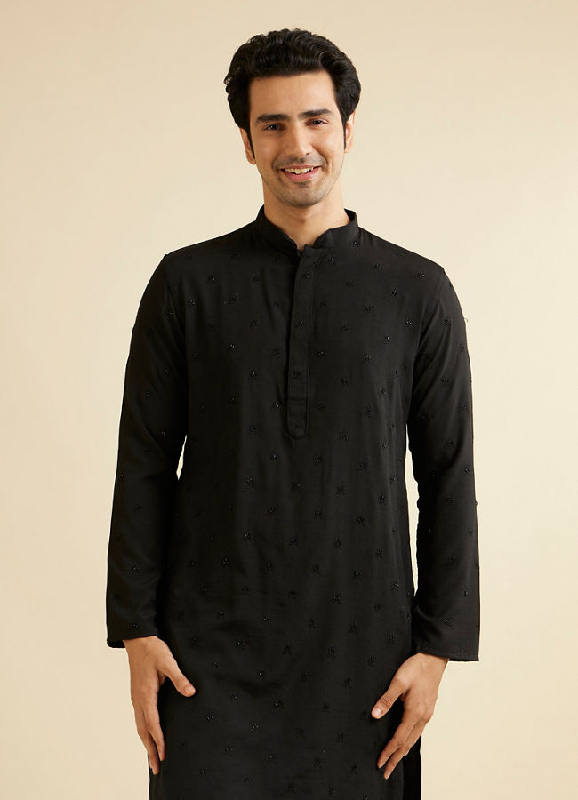 alt message - Manyavar Men Midnight Black Buta Embroidered Kurta Set image number 0