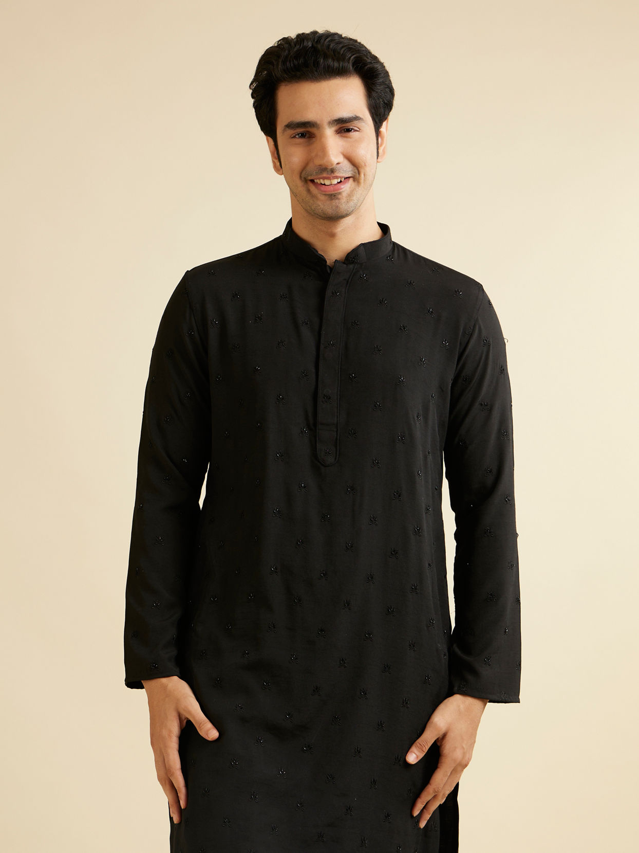 alt message - Manyavar Men Midnight Black Buta Embroidered Kurta Set image number 0