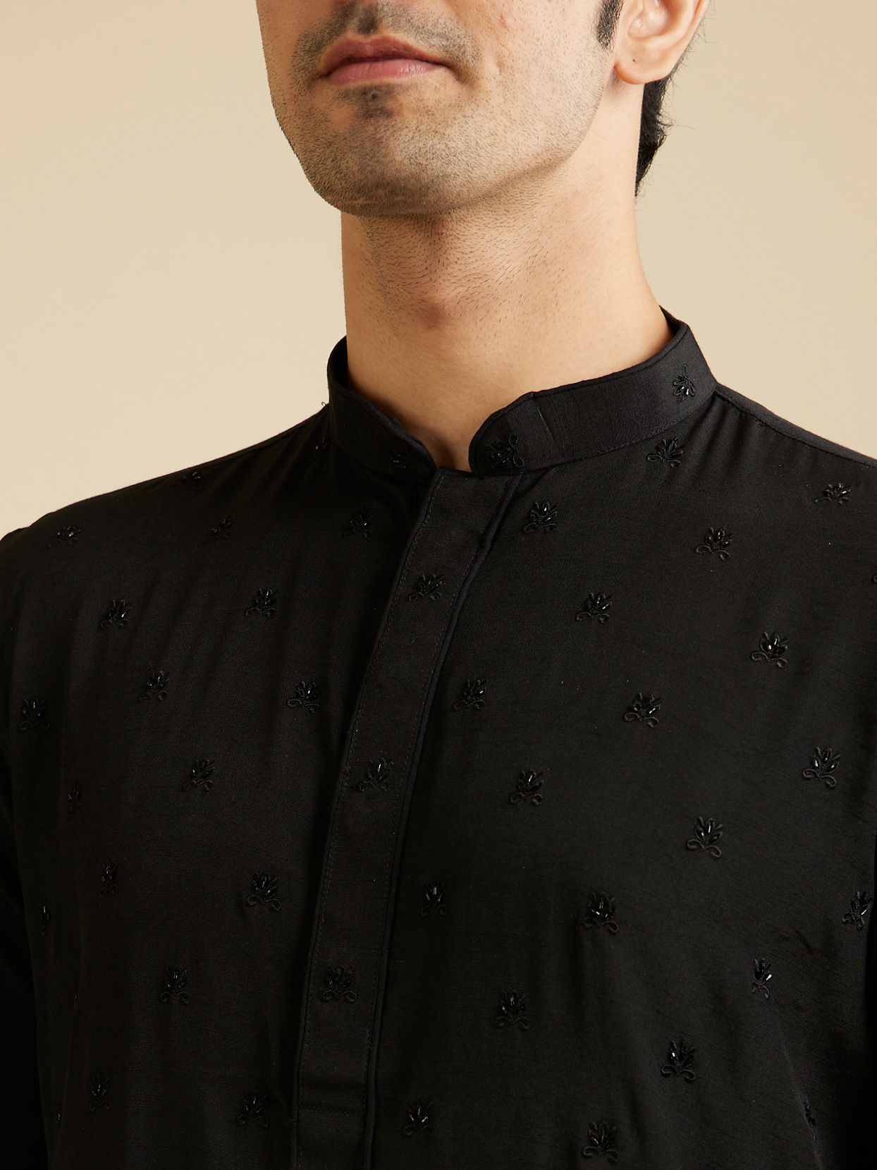 alt message - Manyavar Men Midnight Black Buta Embroidered Kurta Set image number 1