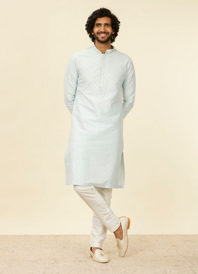 alt message - Manyavar Men Light Blue Kurta Set with Self Motifs image number 2