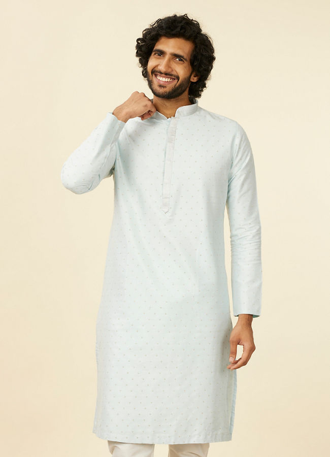 alt message - Manyavar Men Light Blue Kurta Set with Self Motifs image number 0