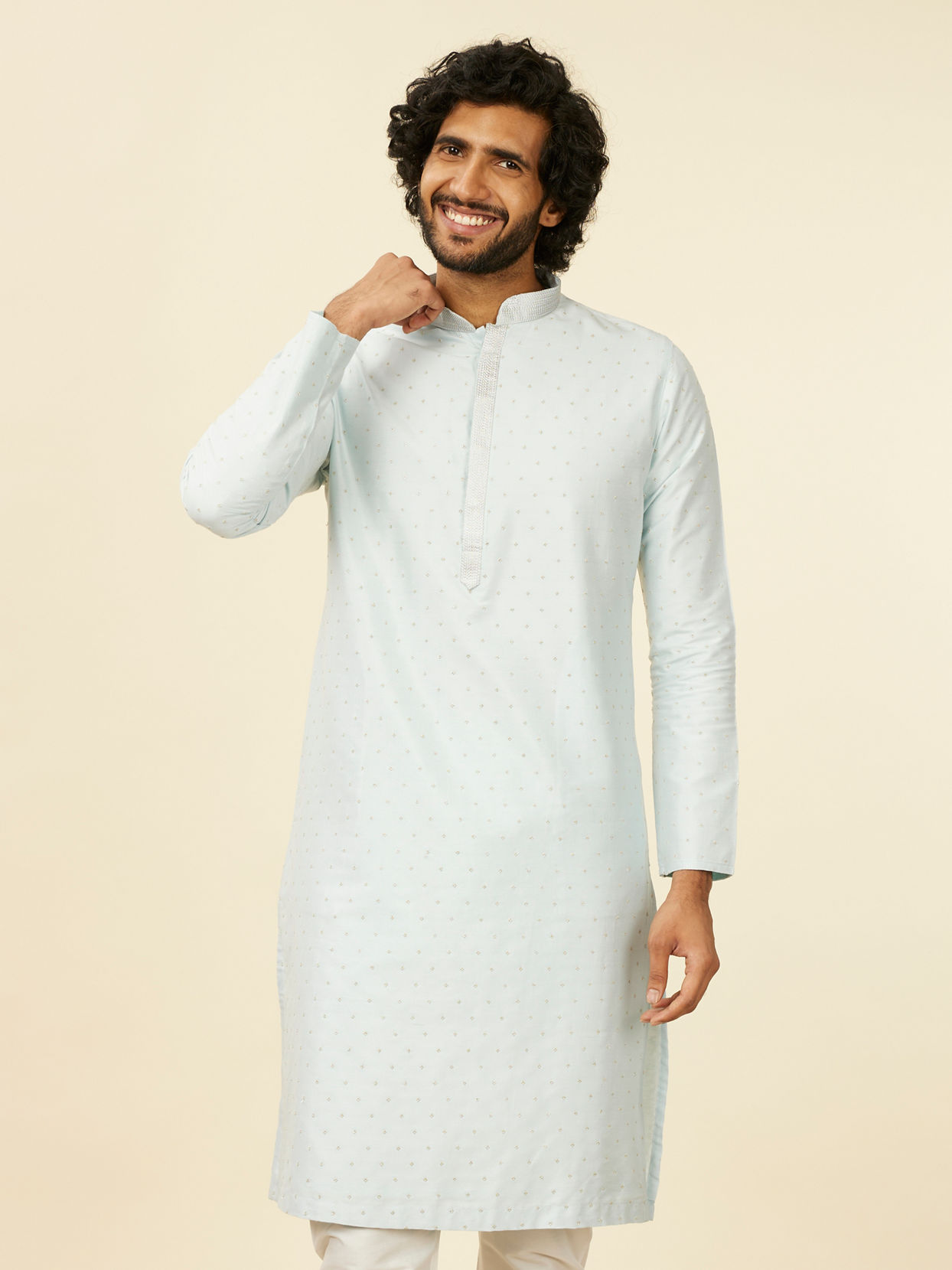 alt message - Manyavar Men Light Blue Kurta Set with Self Motifs image number 0