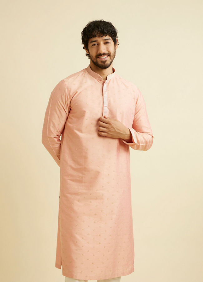 Manyavar Men Pastel Pink Kurta Pyjama With Embroidery Work