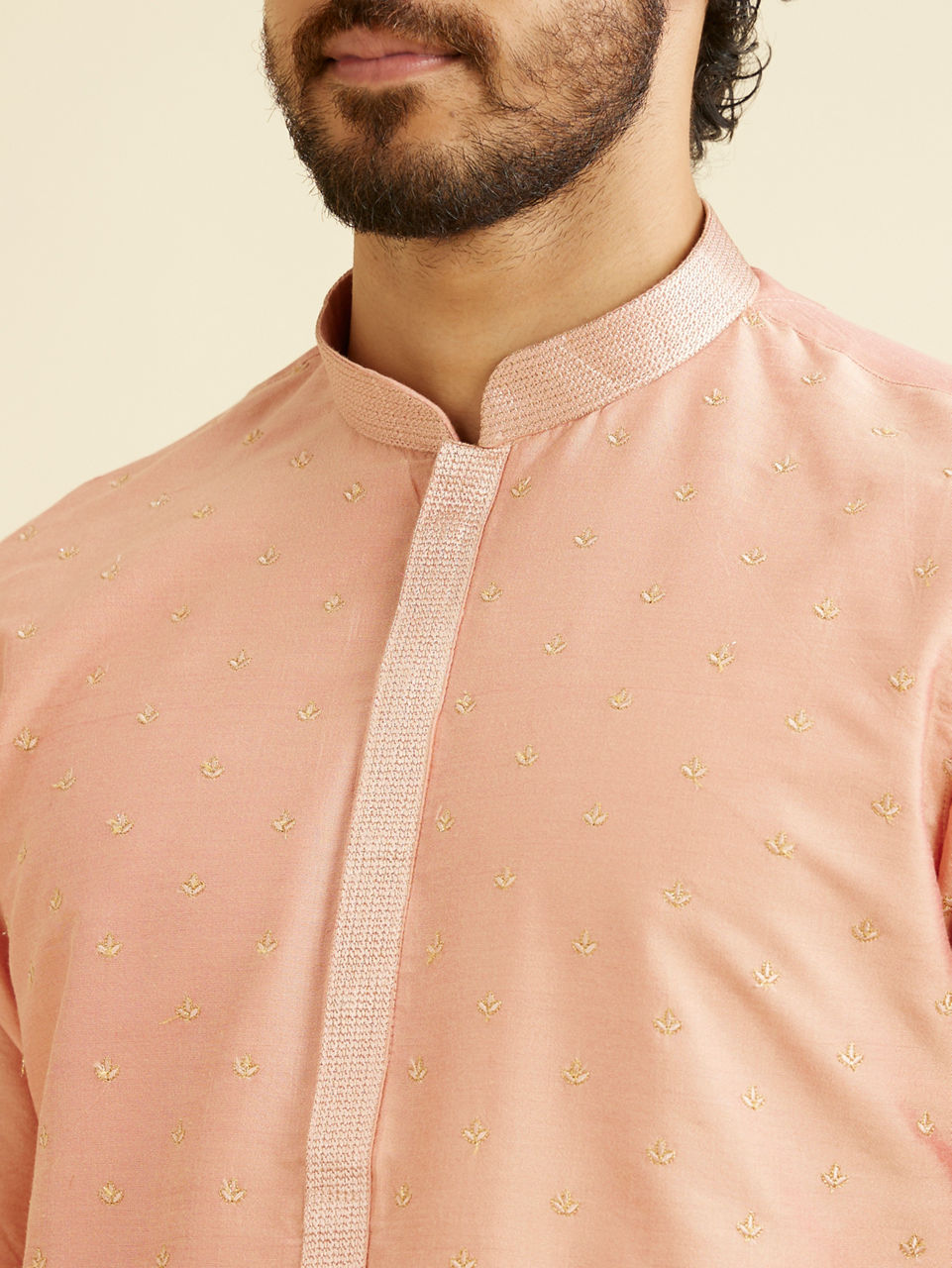 Manyavar Men Pastel Pink Kurta Pyjama With Embroidery Work