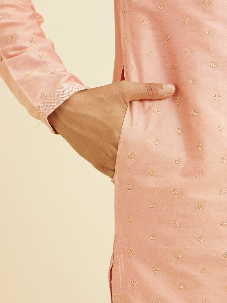 Manyavar Men Pastel Pink Kurta Pyjama With Embroidery Work