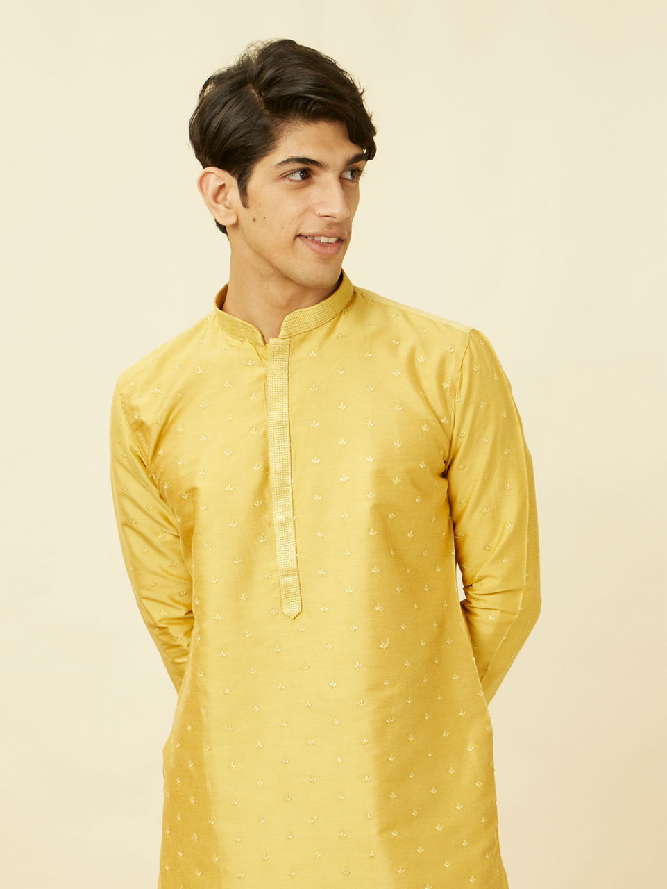 Manyavar Men Sunrise Orange Floral Spot Patterned Kurta Set