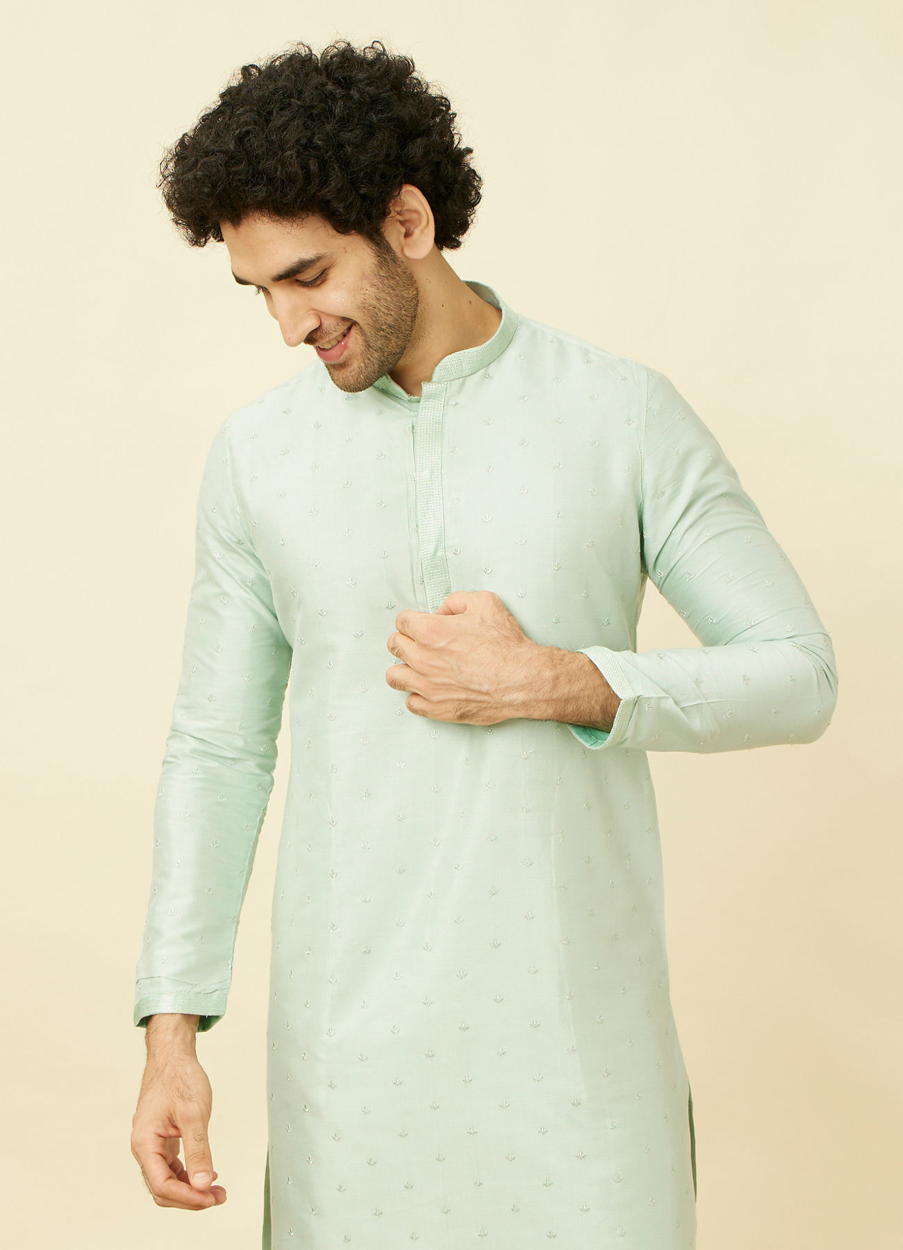 Manyavar Men Light Teal Self Motif Kurta Set