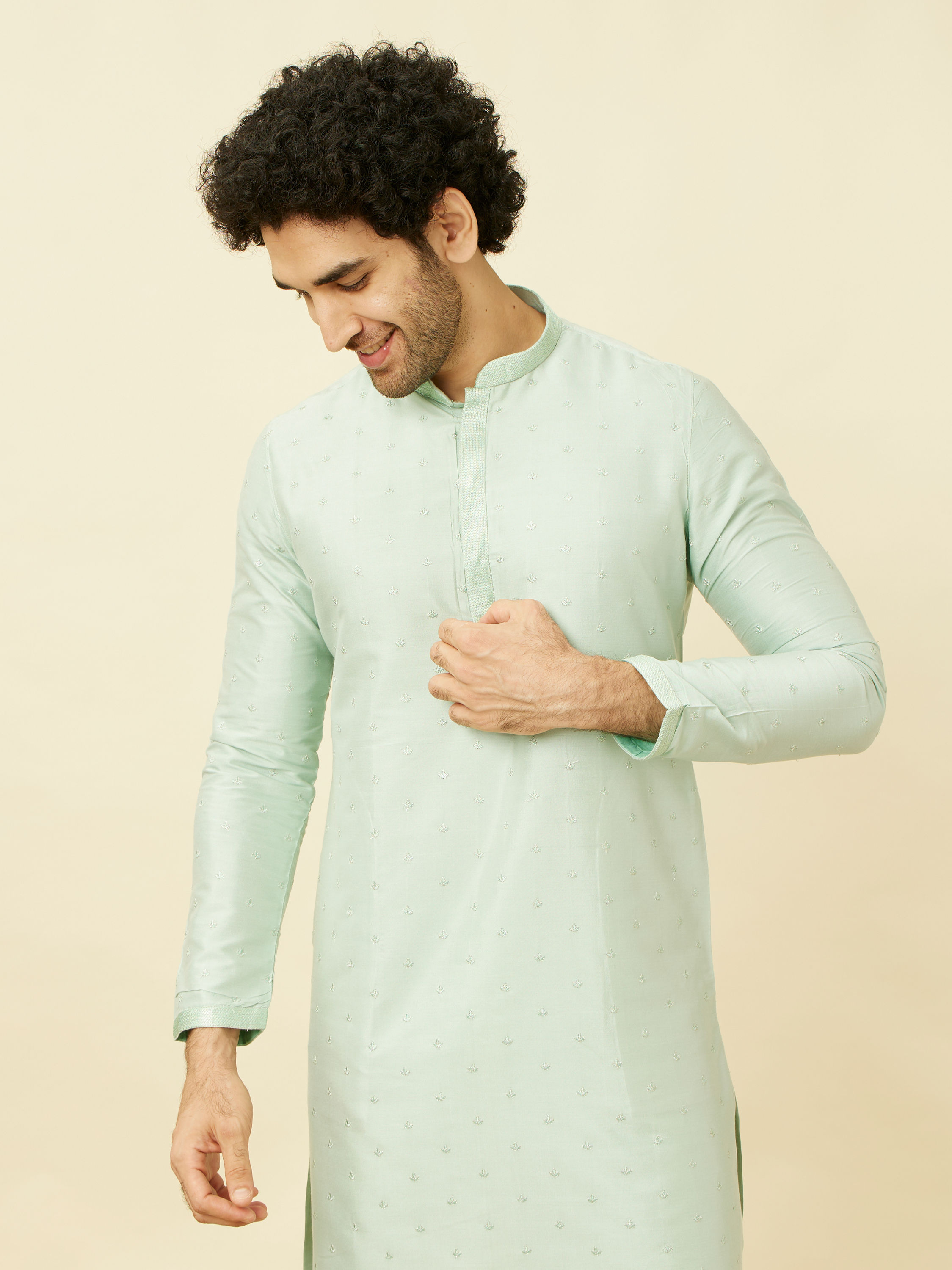 Manyavar Men Light Teal Self Motif Kurta Set