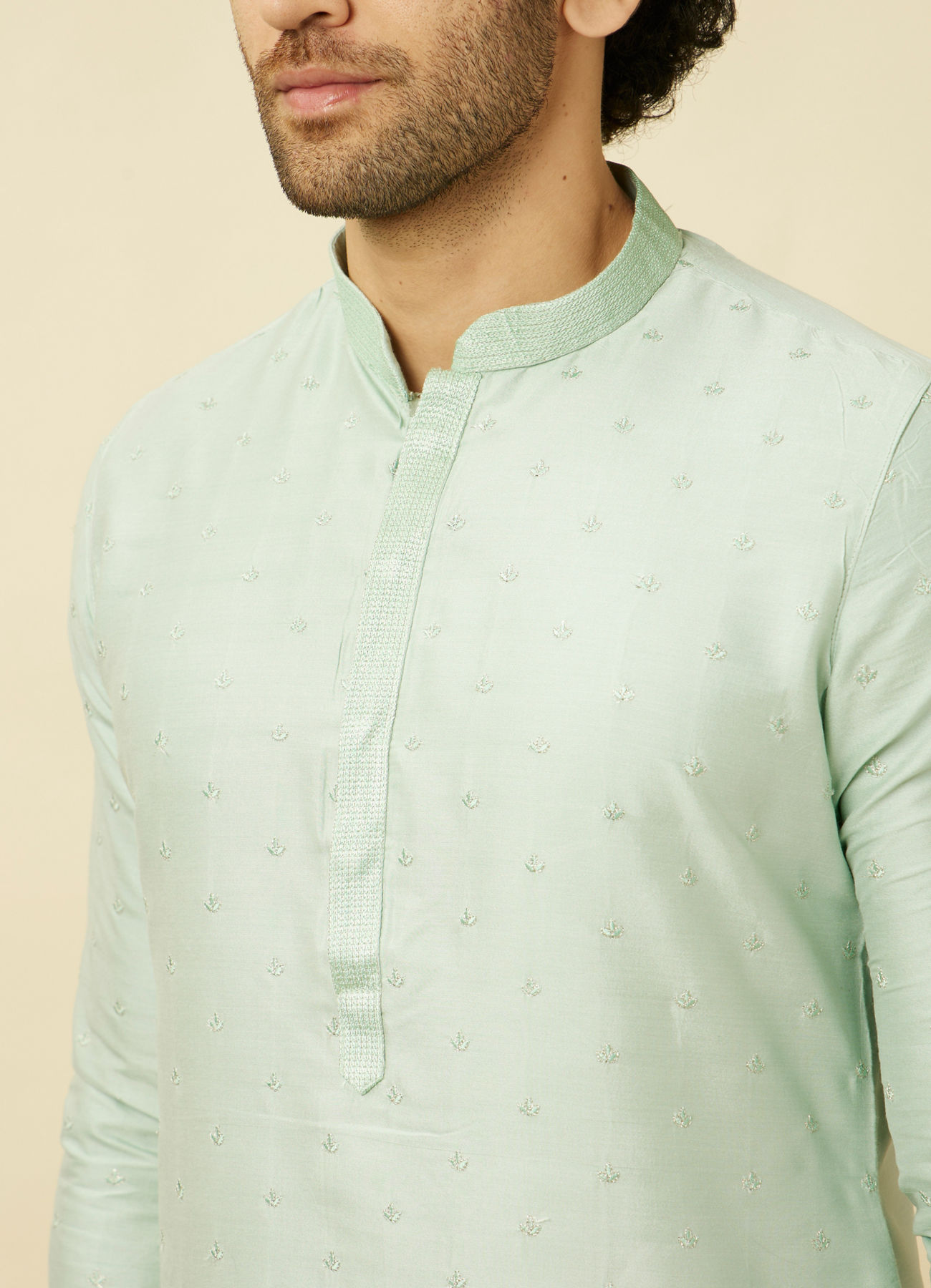 Manyavar Men Light Teal Self Motif Kurta Set