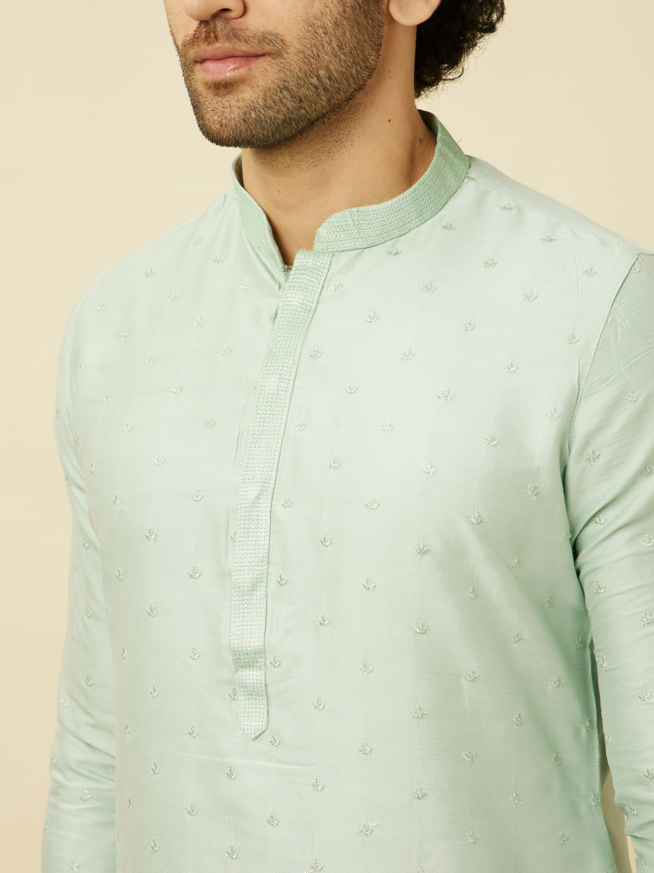 Manyavar Men Light Teal Self Motif Kurta Set