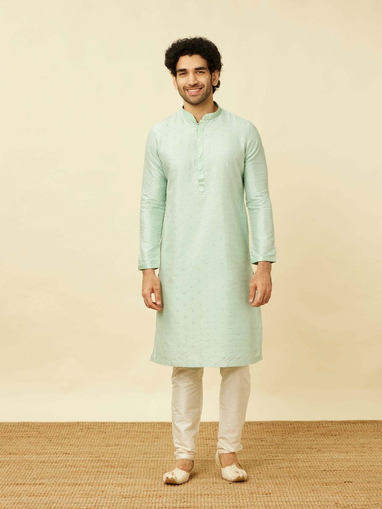 Manyavar Men Light Teal Self Motif Kurta Set