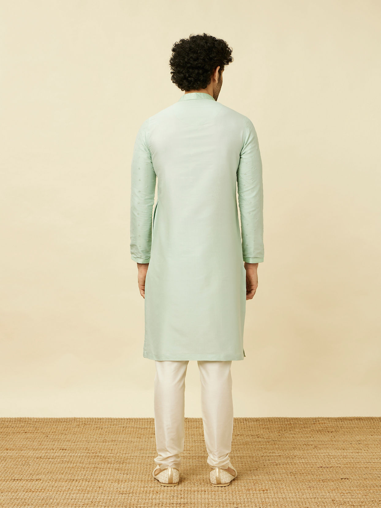 Manyavar Men Light Teal Self Motif Kurta Set