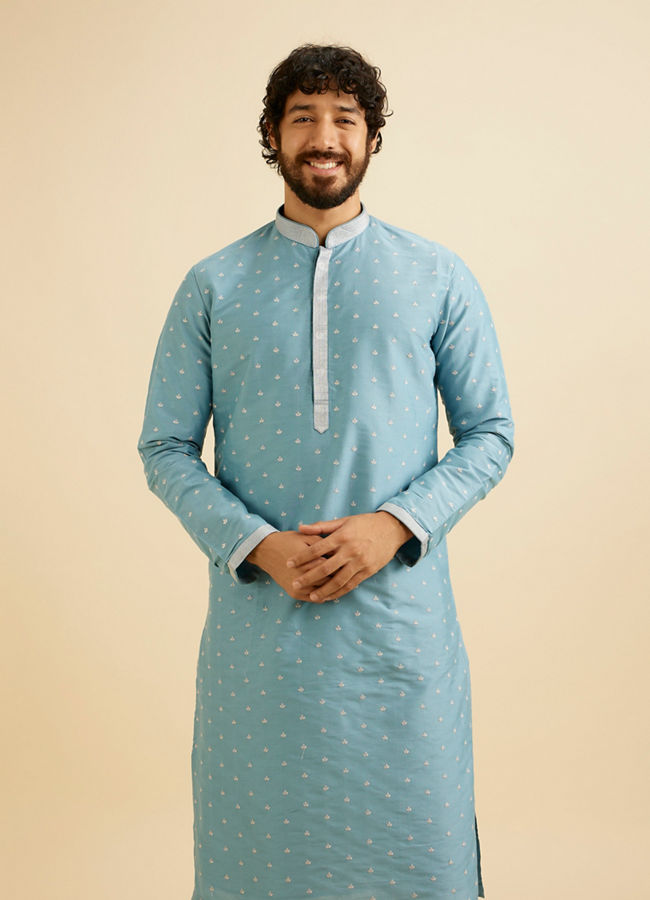 alt message - Manyavar Men Air Force Blue Floral Buta Motif Patterned Kurta Set image number 0