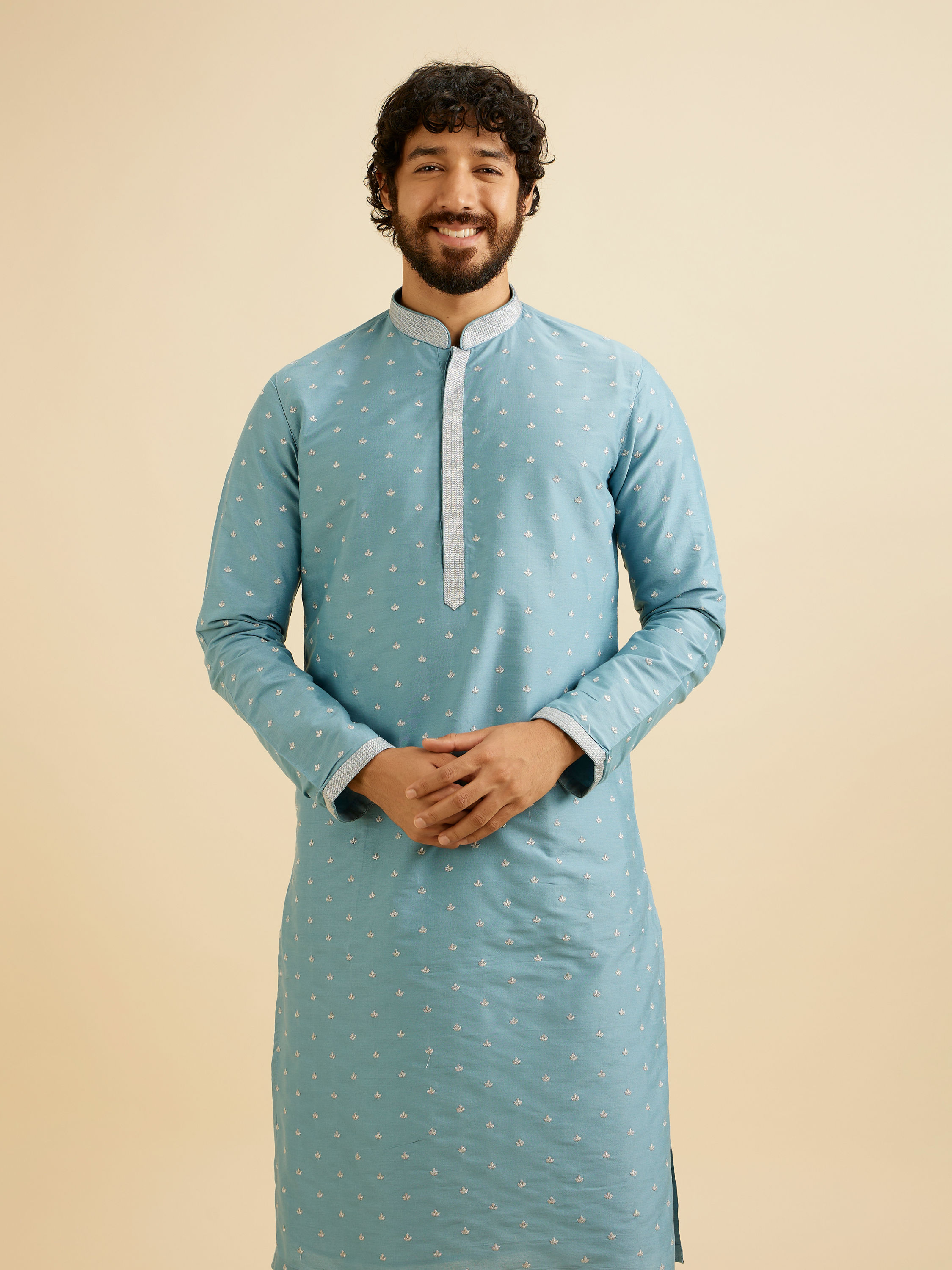 Manyavar Men Air Force Blue Floral Buta Motif Patterned Kurta Set