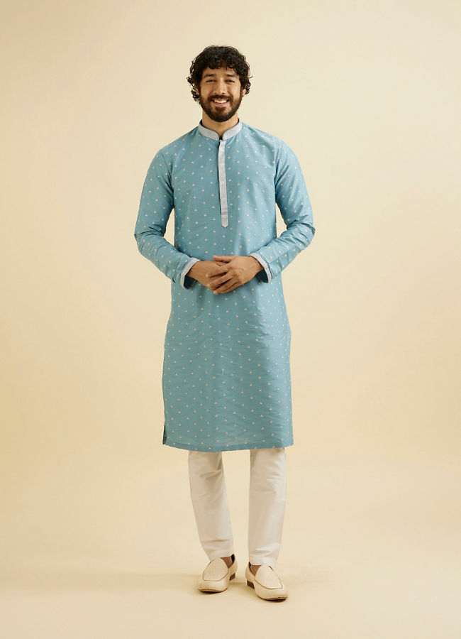 Manyavar Men Air Force Blue Floral Buta Motif Patterned Kurta Set