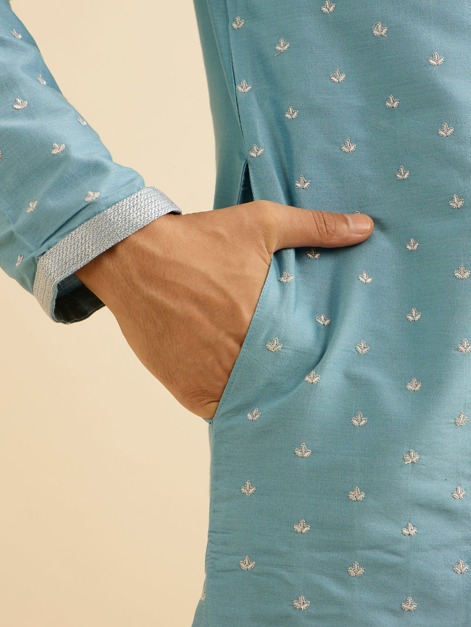 Manyavar Men Air Force Blue Floral Buta Motif Patterned Kurta Set