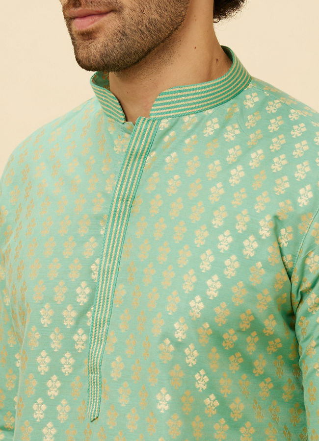 alt message - Manyavar Men Mint Green Floral Buta Motif Patterned Kurta Set image number 1