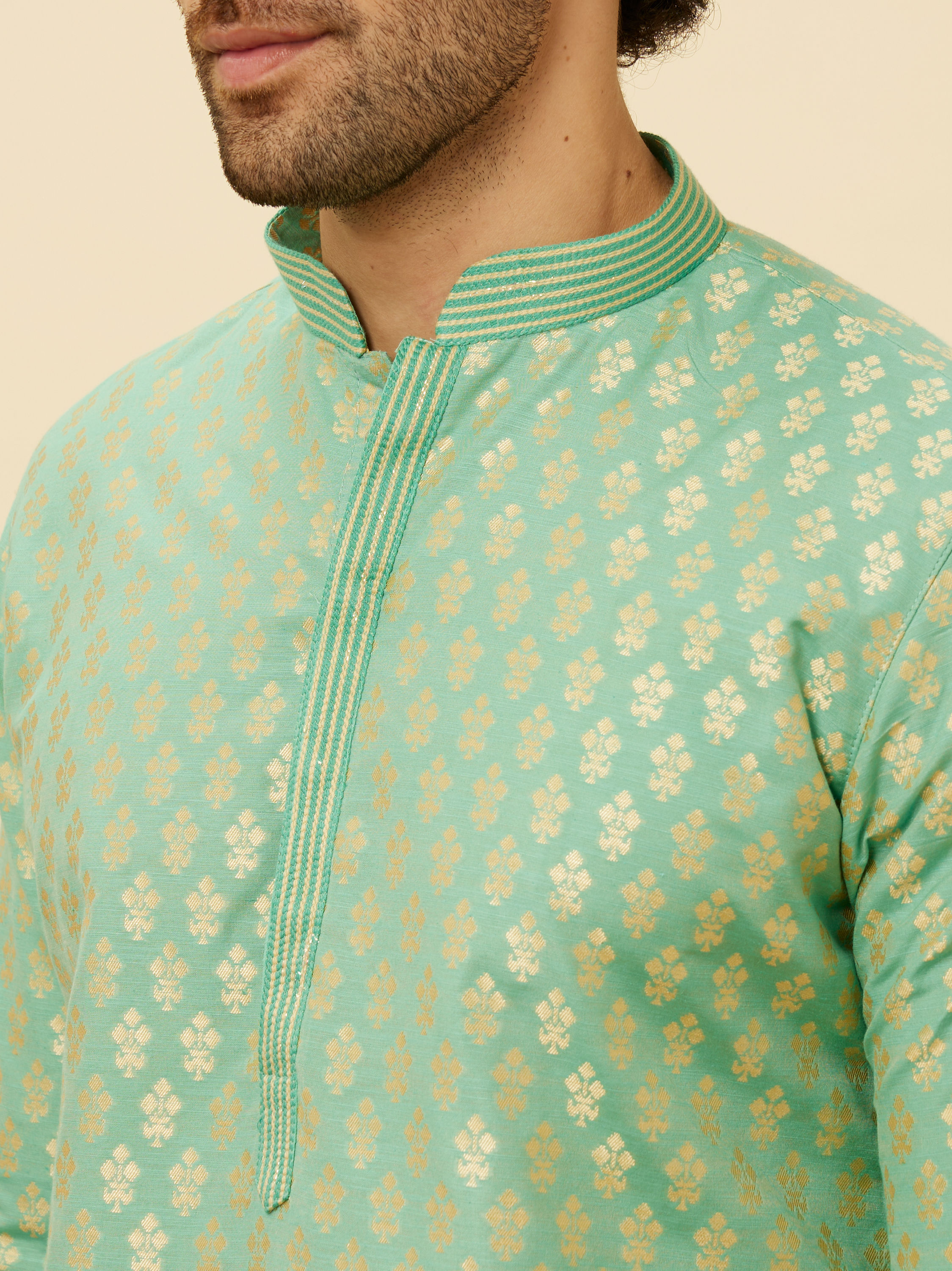 Manyavar Men Mint Green Floral Buta Motif Patterned Kurta Set