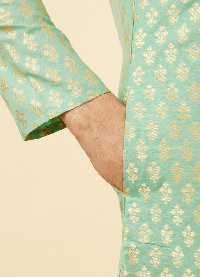 Manyavar Men Mint Green Floral Buta Motif Patterned Kurta Set