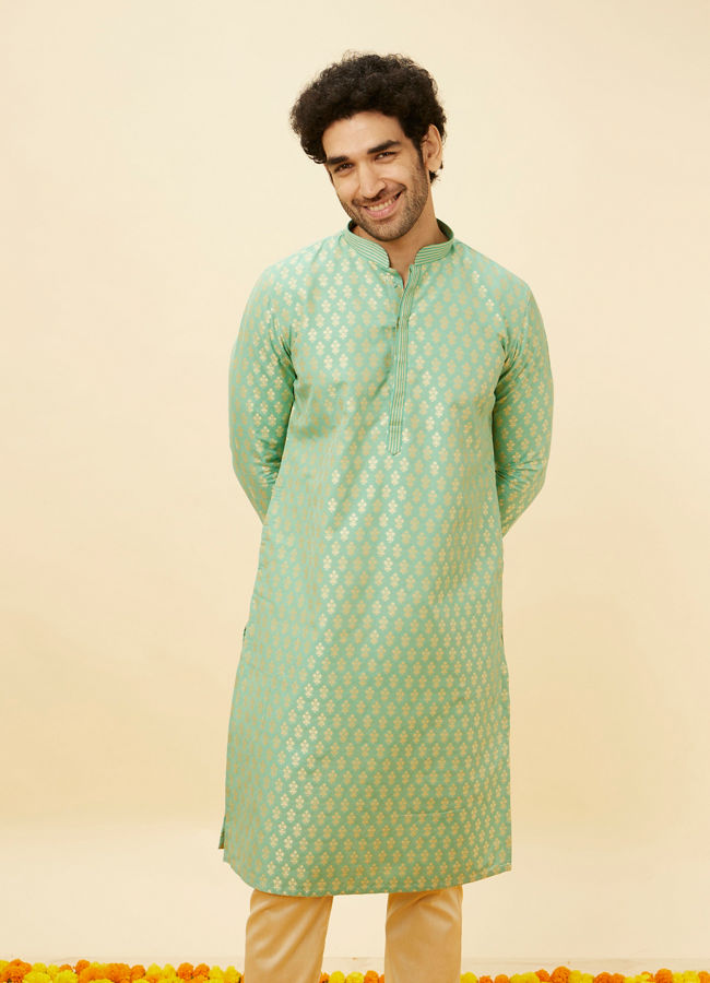 alt message - Manyavar Men Mint Green Floral Buta Motif Patterned Kurta Set image number 0