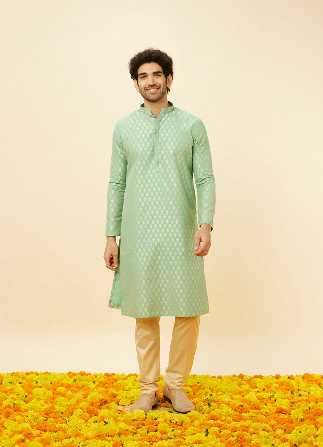 alt message - Manyavar Men Mint Green Floral Buta Motif Patterned Kurta Set image number 2