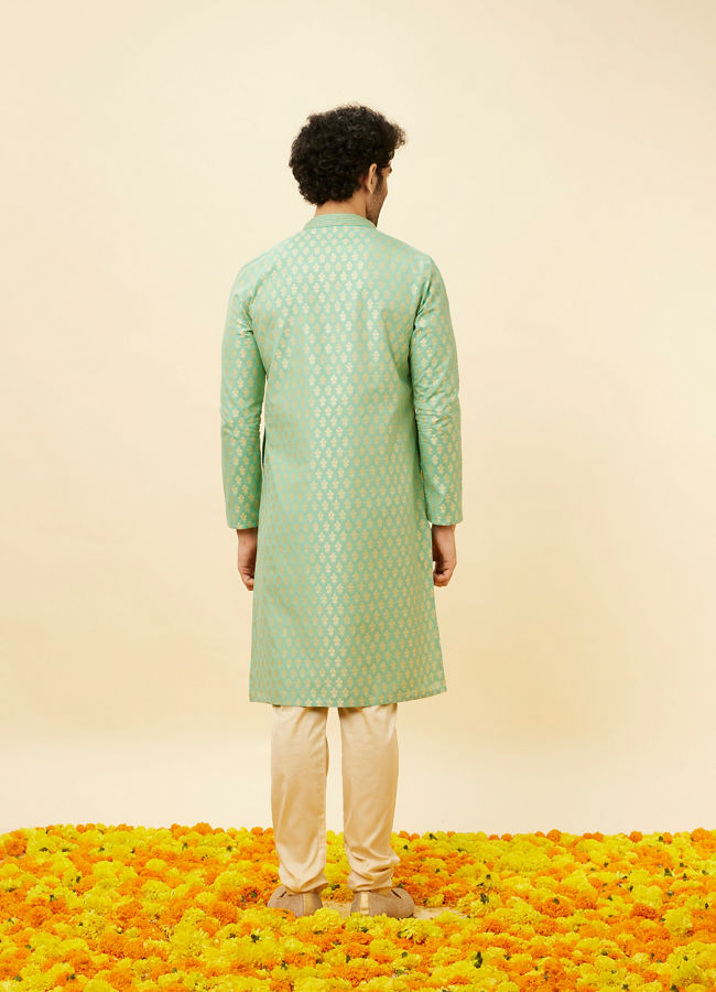 alt message - Manyavar Men Mint Green Floral Buta Motif Patterned Kurta Set image number 5