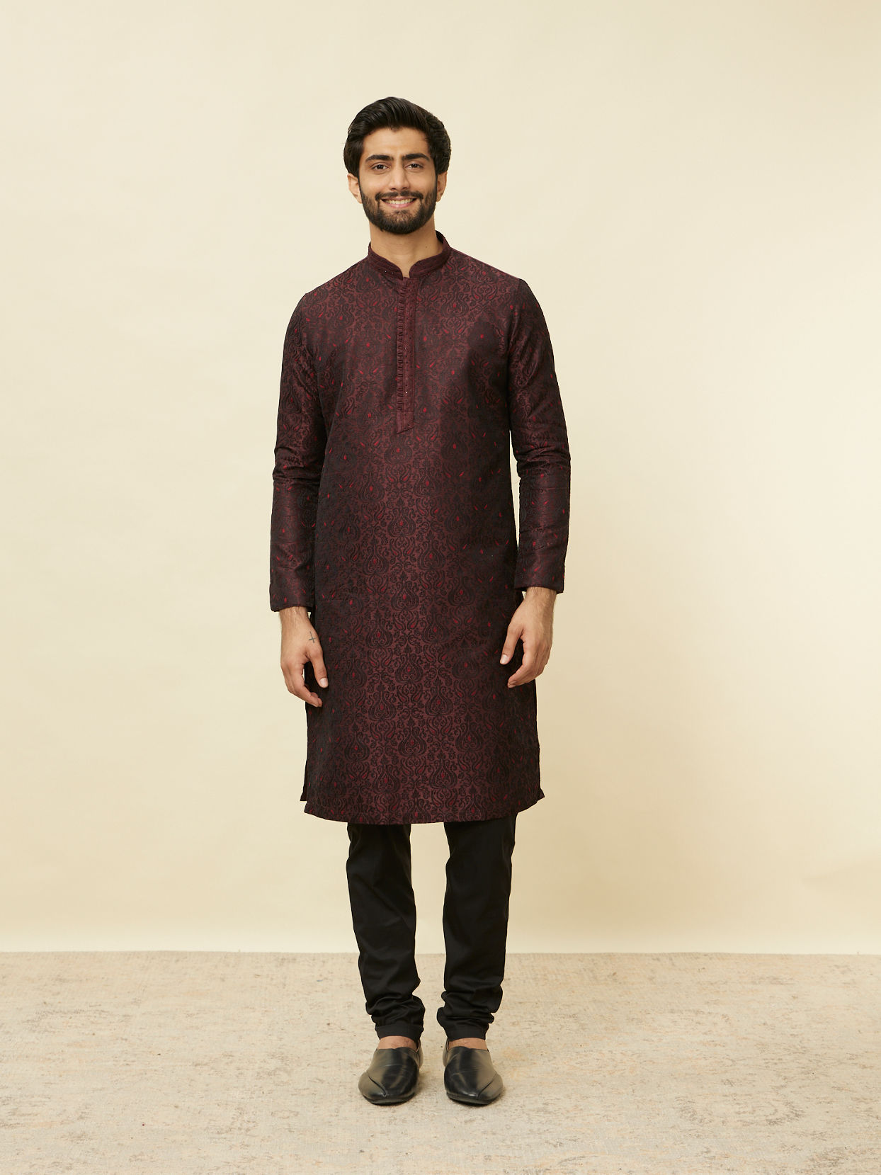 Manyavar Men Windsor Wine Medallion Patterned Kurta Set