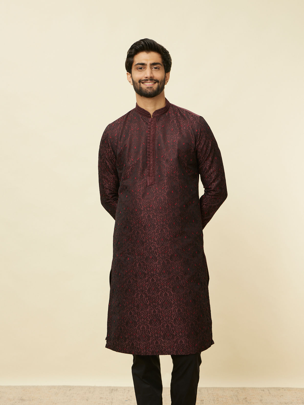 Manyavar Men Windsor Wine Medallion Patterned Kurta Set image number 0