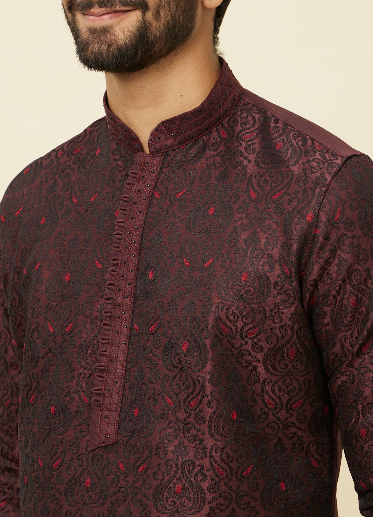 Manyavar Men Windsor Wine Medallion Patterned Kurta Set