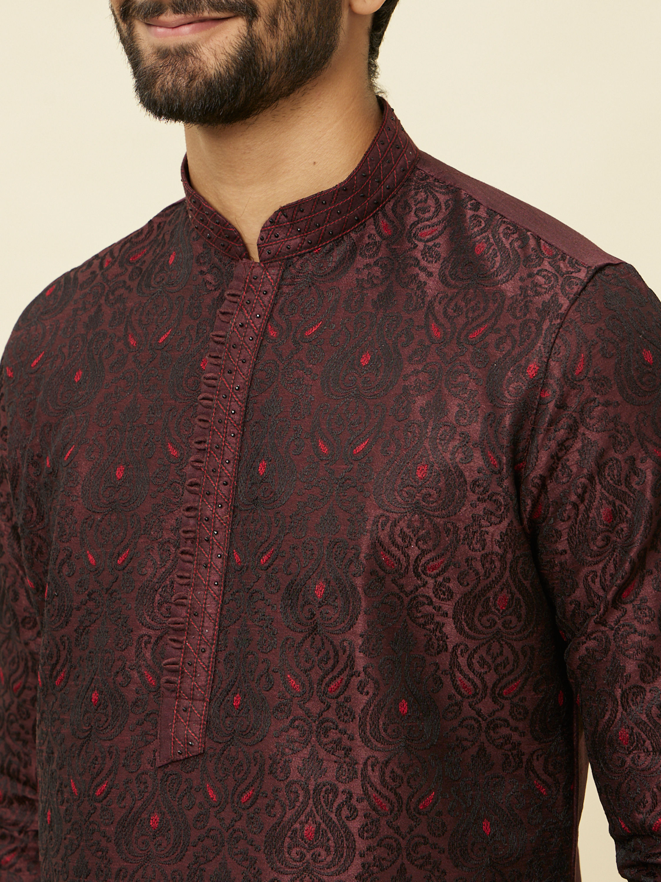 Manyavar Men Windsor Wine Medallion Patterned Kurta Set