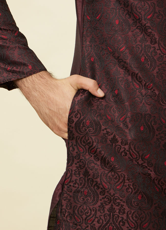 Manyavar Men Windsor Wine Medallion Patterned Kurta Set