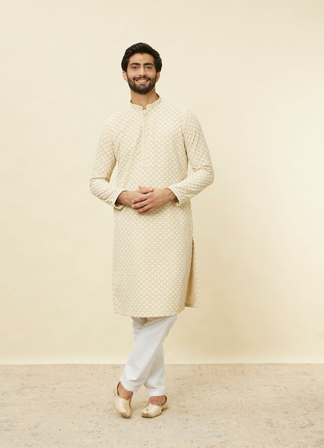 Manyavar Men Sand Beige Chikankari Kurta Set